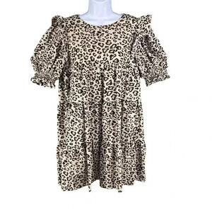 La Ven NWT Womens L Dress Babydoll Leopard Print Ruffle Tiered Puff Sleeve Fairy
